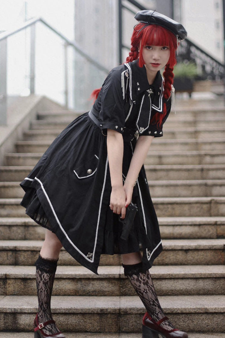 Black Sunset Universe Short Sleeves Cardigan Lace Gothic Military Handsome Lolita Dress Full Set