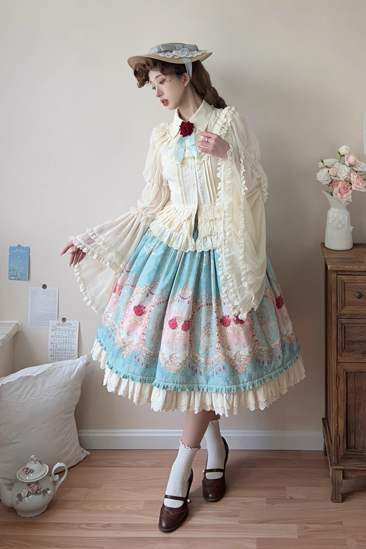 Blue Moonlit Garden Secret Print Ruffle Embroidery Lace Sweet Elegant Palace Lolita Skirt