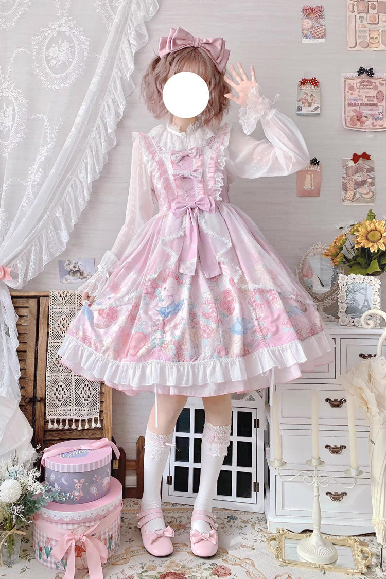 Pink Sleeveless High Waisted Rabbit Print Ruffle Bowknot Sweet Lolita Jsk Dress