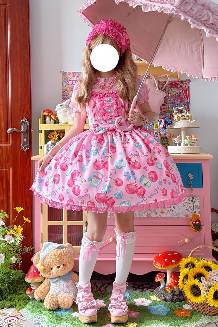 Pink Cherry Sweet Ice Print Ruffle Bowknot Lace Sweet Lolita Jsk Dress