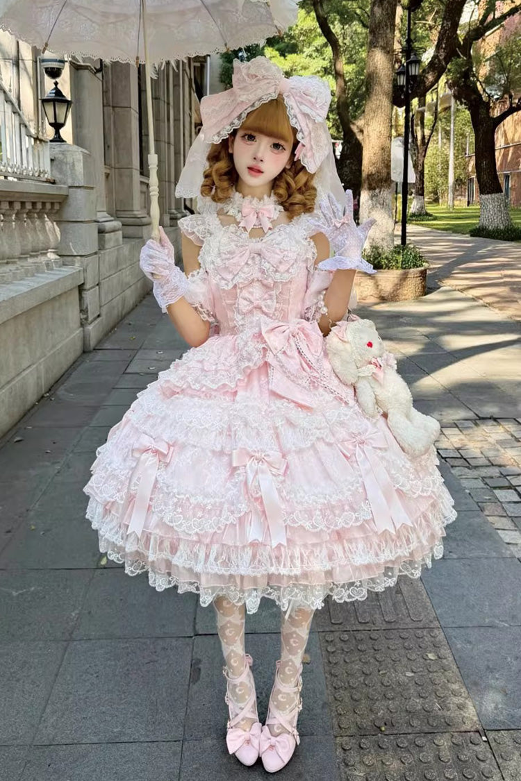Pink Dream of the Misty Moon Sleeveless Multi-Layered Ruffled Bow Lace Pearl-Decorated Sweet Princess Lolita Jsk Dress