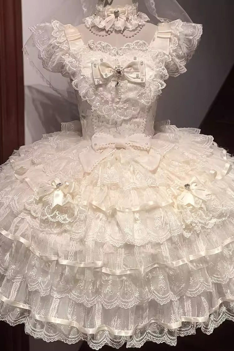 Apricot Ballad of Feathers Sleeveless Multi-Layered Ruffle Hanayome Bowknot Sweet Lolita Jsk Dress