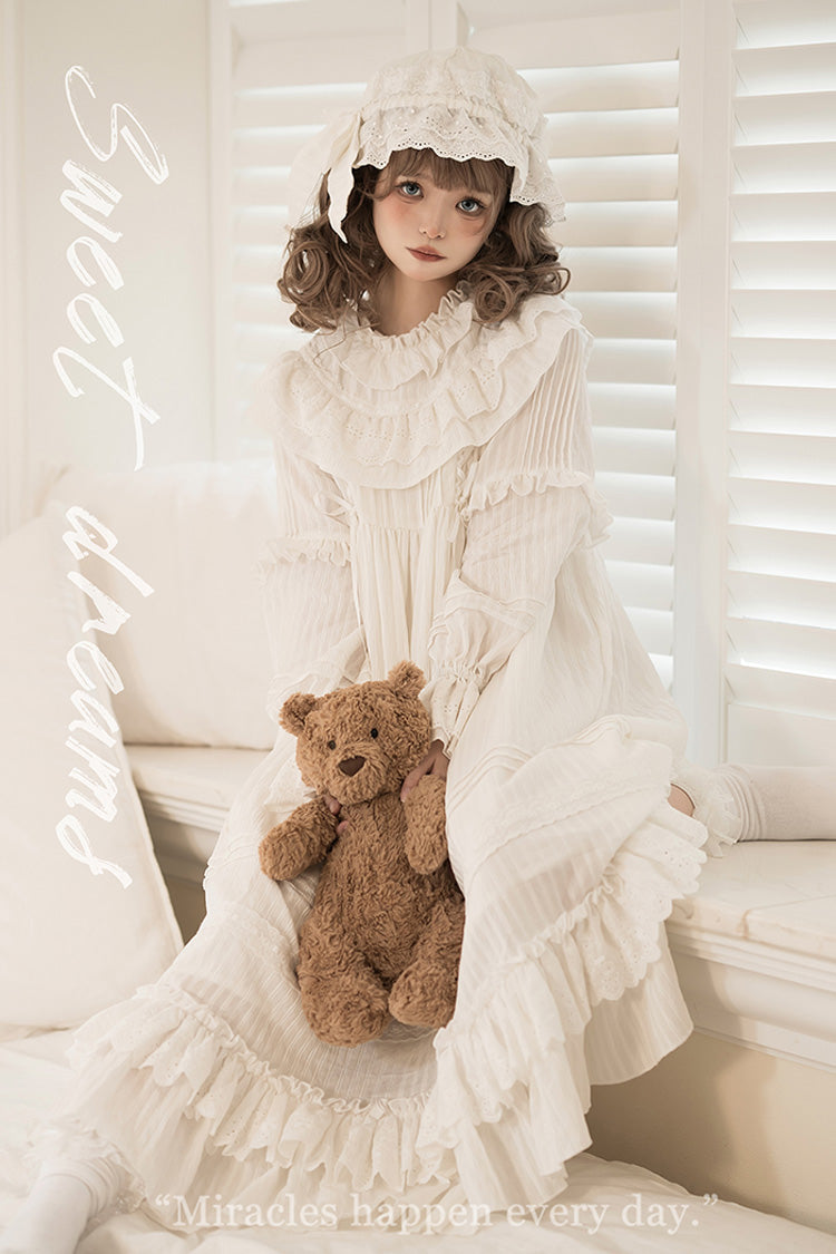 White Good Night Long Sleeves Double-Layered Ruffle Bowknot Lace-Up Holy Sweet Lolita Dress