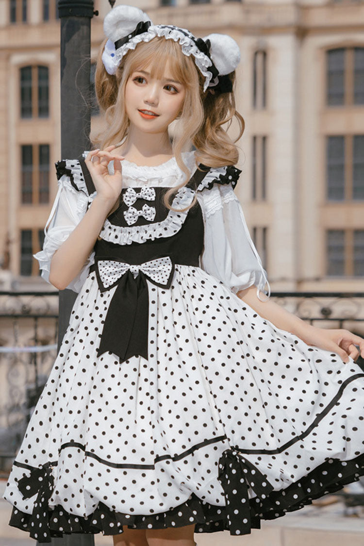 White/Black Polka Dot Print Bowknot Princess Sweet Lolita Suspender Dress