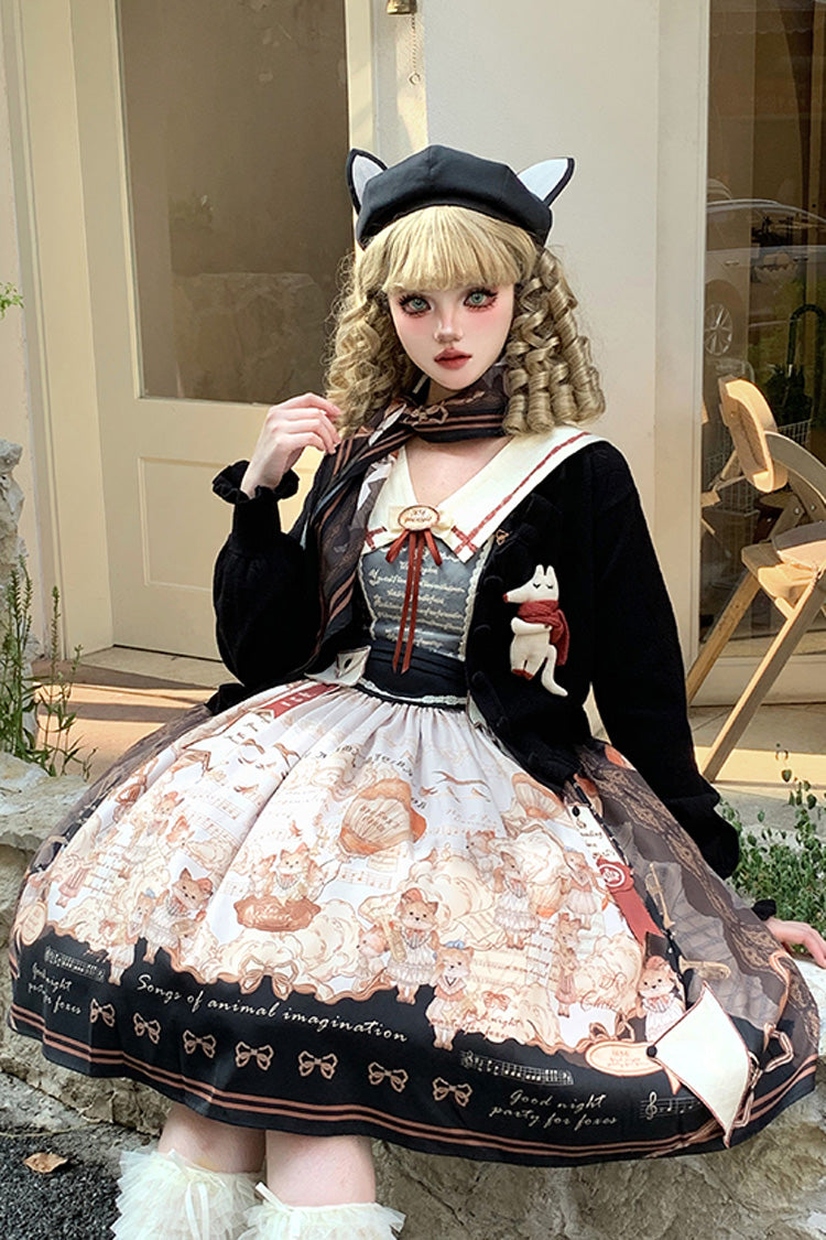 Black Fox Band Print Square Collar Bowknot Classic Lolita Jumper Dress
