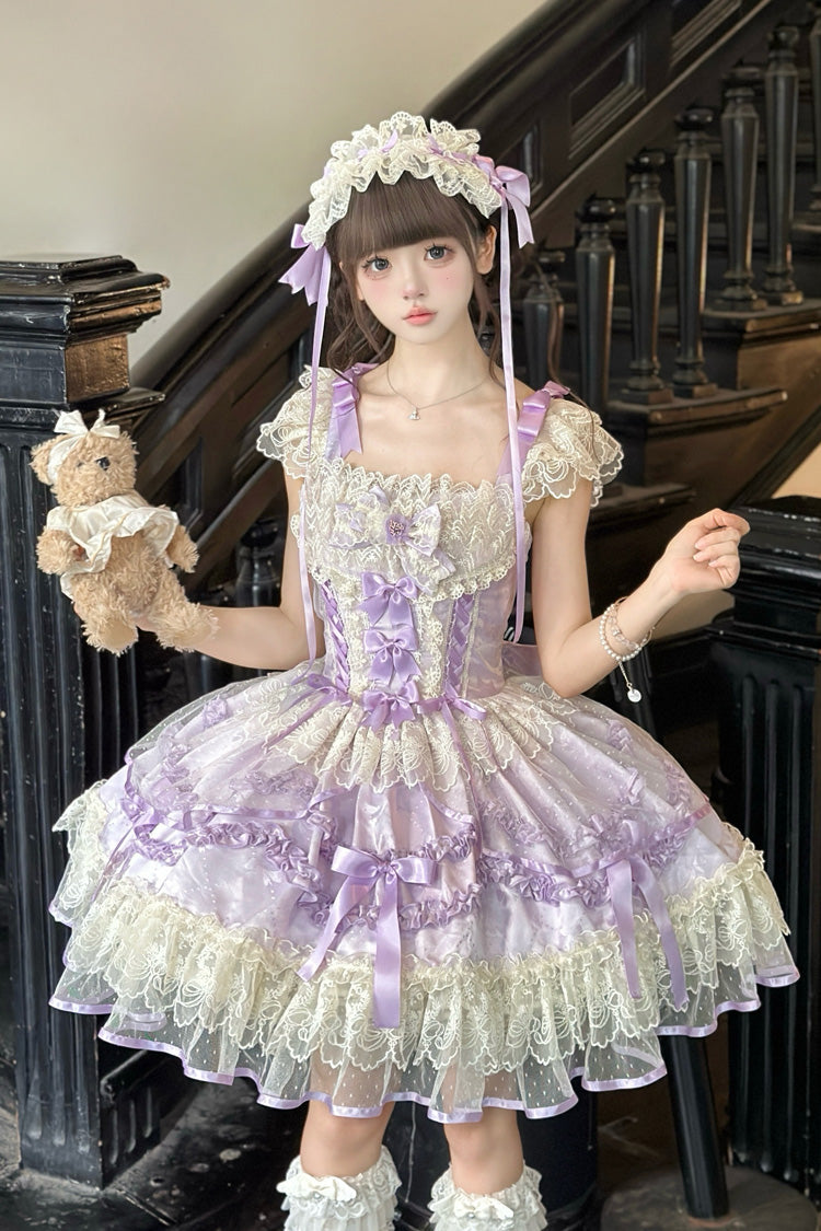 Purple Dreaming Butterfly Multi-Layered Jacquard Ruffle Bowknot Lace Sweet Princess Lolita Jsk Dress
