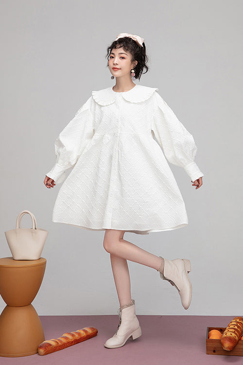 White Plaid Jacquard Cotton Doll Collar Puff Sleeve Lolita OP Dress