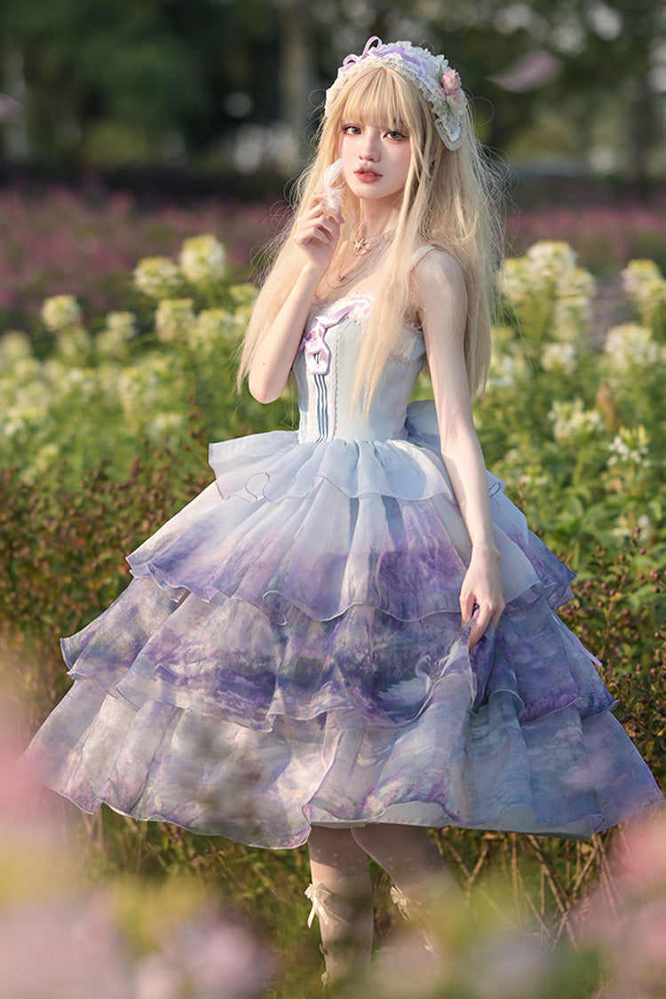 Multi-Color Three-layer Swan Lake Print Oil Painting Ruffle Bowknot Sweet Lolita Jsk Dress