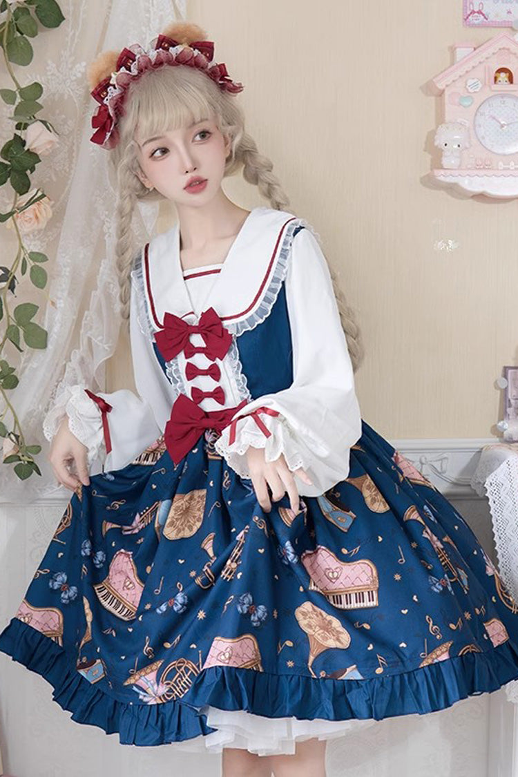 Bear Band Long Sleeves Print Ruffle Bowknot Lace Sweet Elegant Princess Lolita Dress 3 Colors