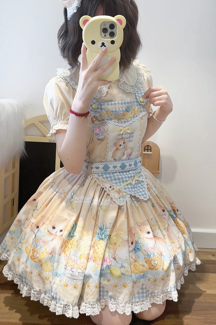 Yellow Pineapple Cat Print Sleeveless Bowknot Lace Sweet Lolita Strap Dress