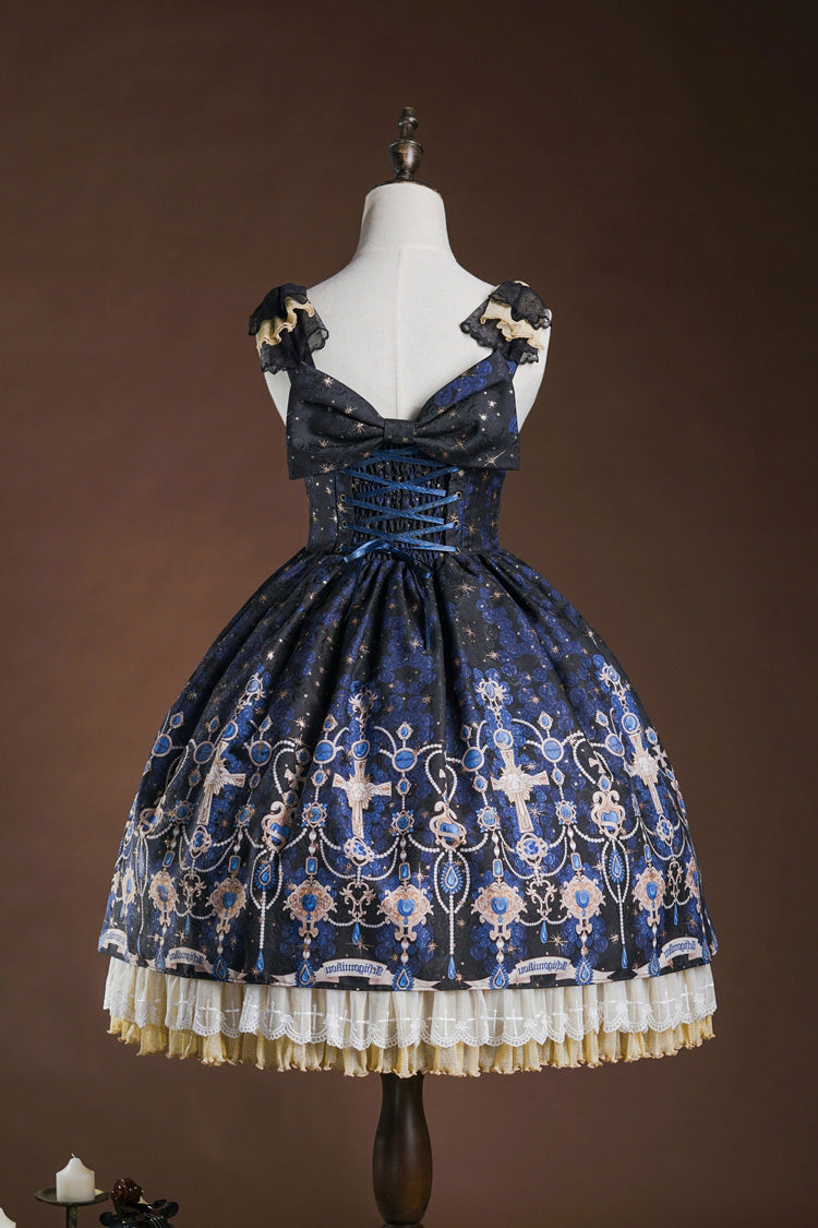 Blue/White Stone of Eden Triple-Layered Print Ruffle Hot Stamping Cardigan Bowknot Lace Elegant Sweet Lolita Jsk Dress