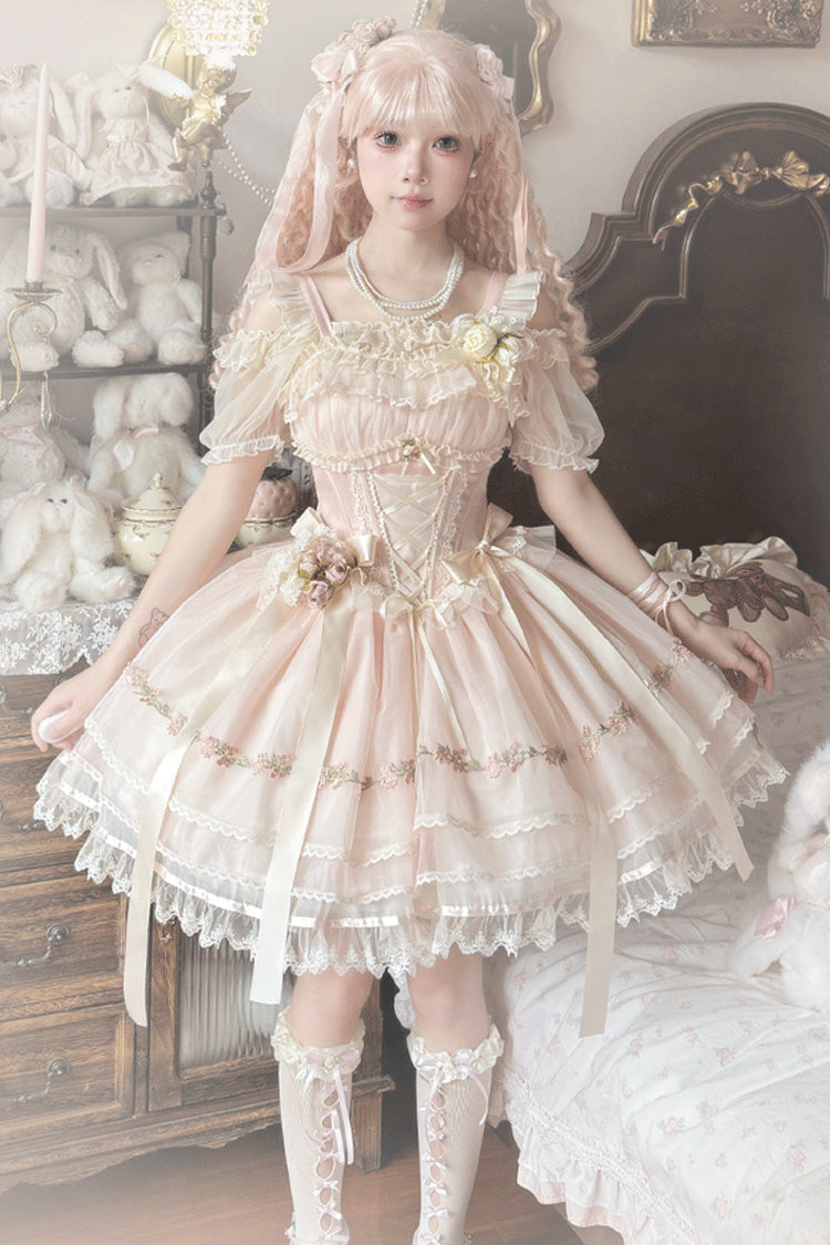 Mist Champagne Multi-Layered Ruffle Bowknot Lace Sweet Elegant Ballet Lolita Jsk Dress 3 Colors