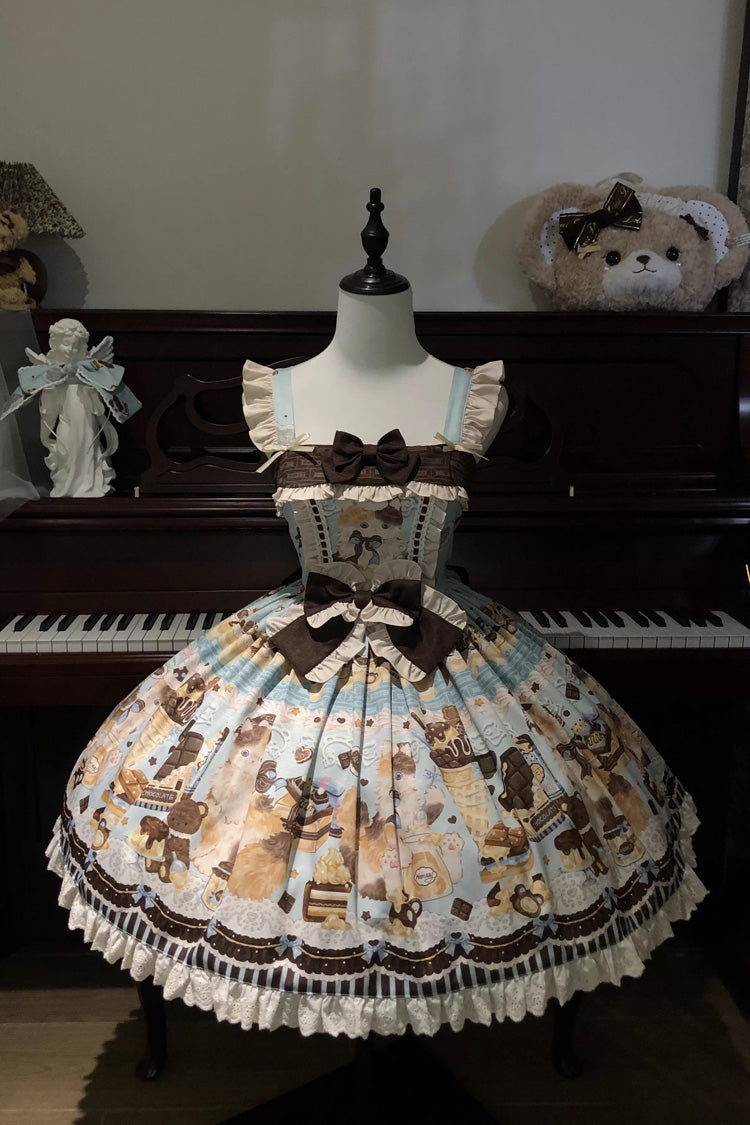 Chocolate Cake Party Square Collar Sleeveless Printed Ruffled Bow Daily Sweet Lolita Jsk Dress 2 Colors