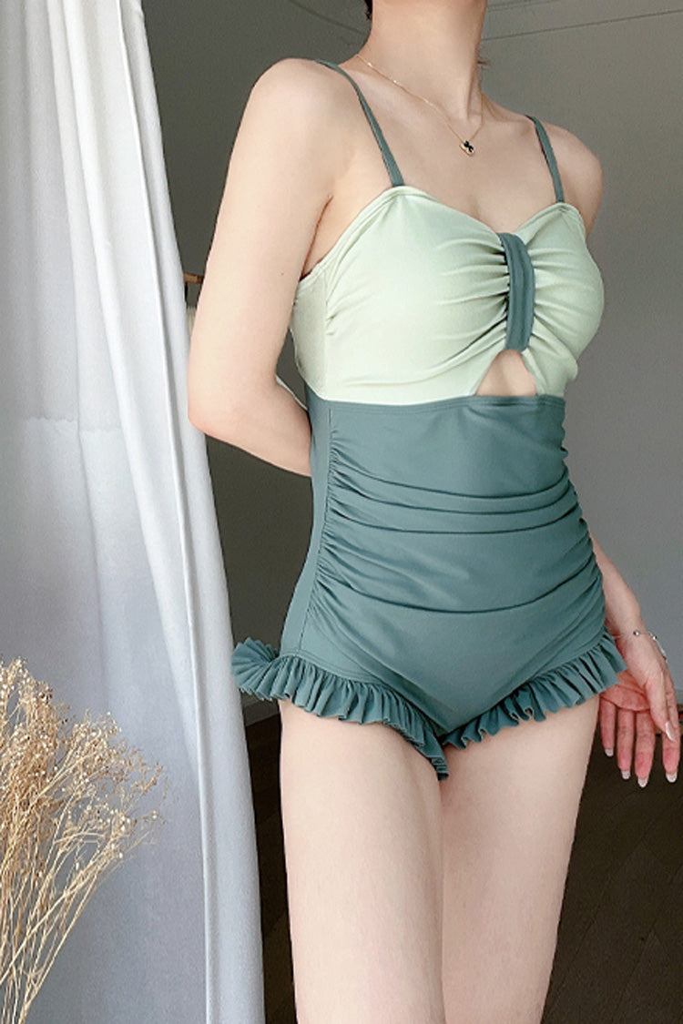 Green Ruffle Color Matching Sweet Lolita One Piece Swimsuit