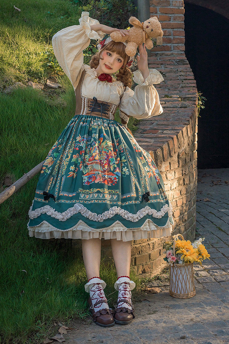 Green Ode to Plenty Berries and Birds Print Ruffle Bowknot Velvet Classic Lolita Breast Support Jsk Dress