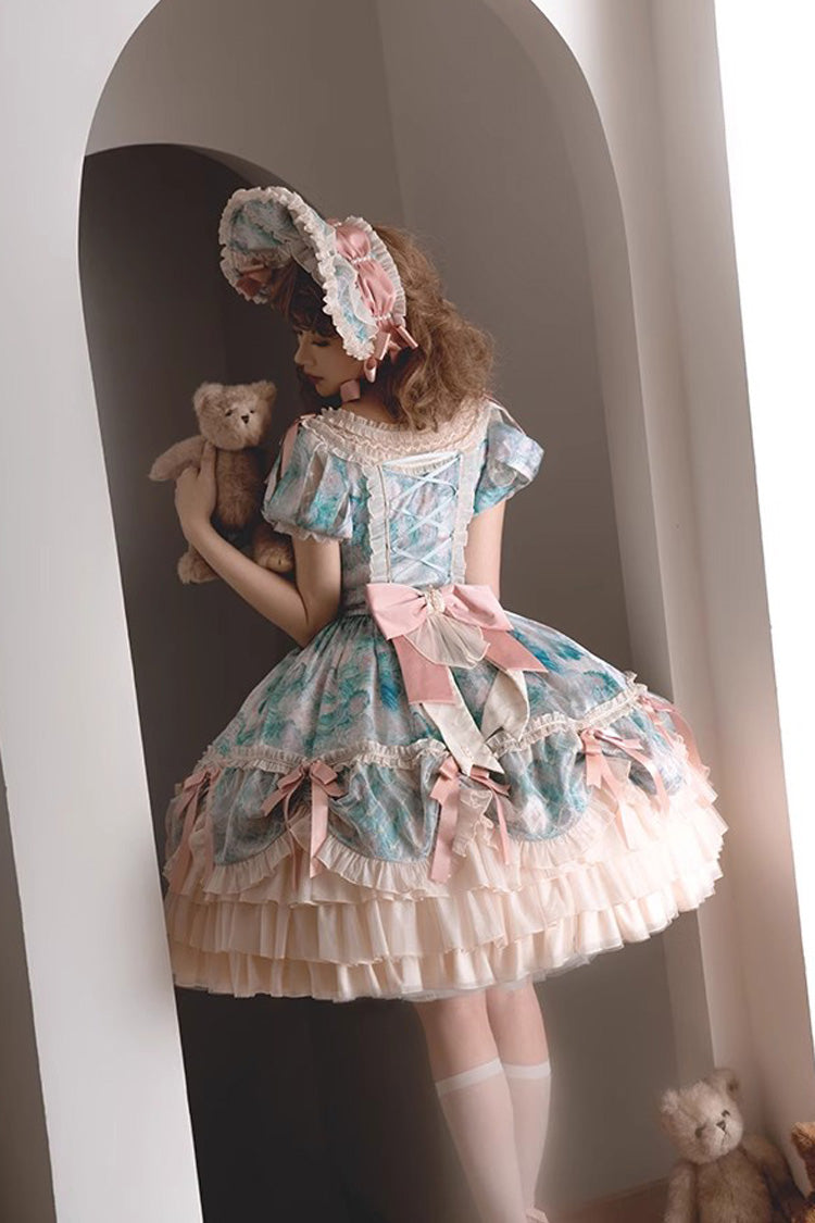 Angel Heart Sky Oil Painting Print Ruffle Cardigan Bowknot Sweet Princess Lolita Dress 3 Colors