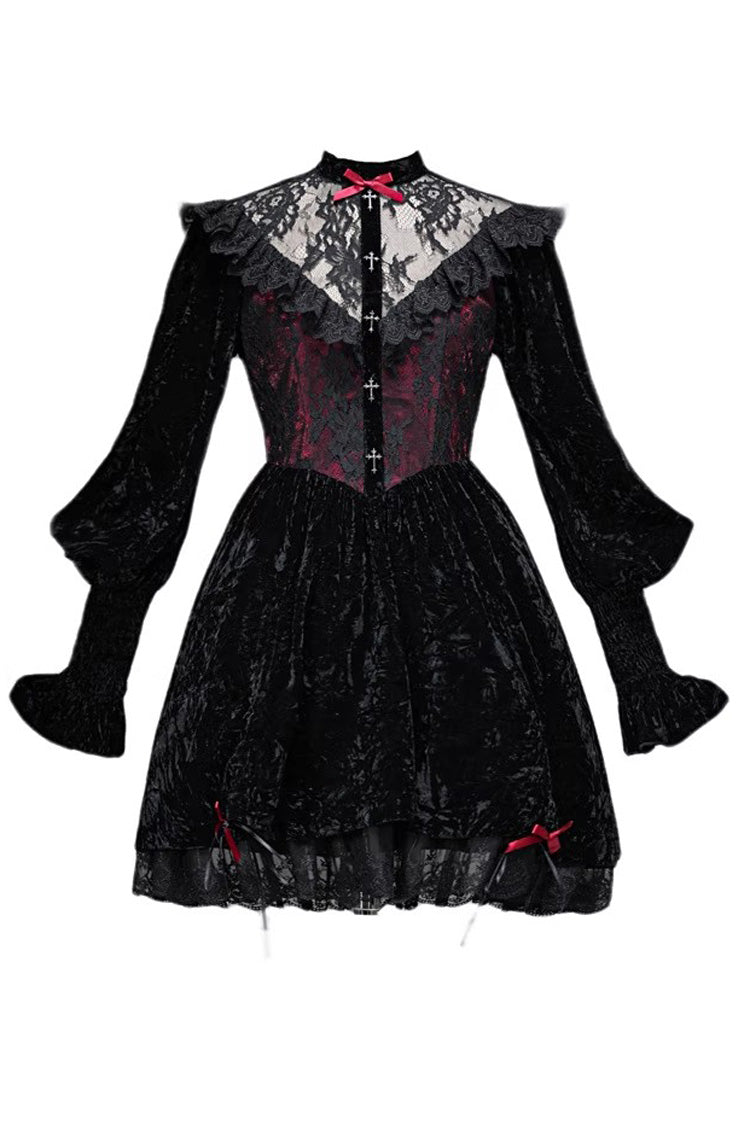 Black/Red Rose Cemetery Long Puff Sleeves Hollow Lace Gothic Lolita Dress