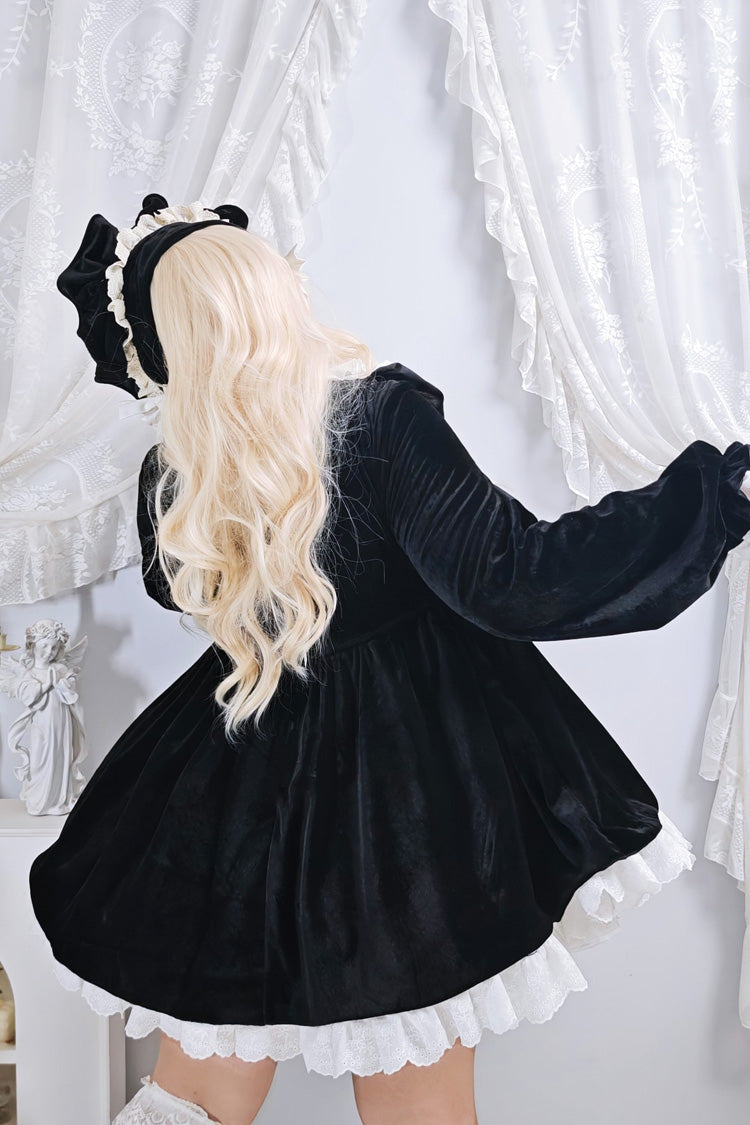 Black Antique Velvet Doll Stand Collar Long Sleeves Ruffled Bow Gothic Plus Size Lolita Dress