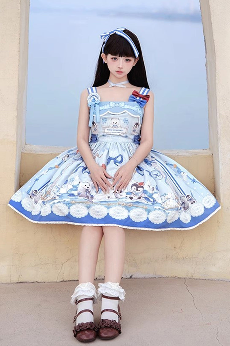 Blue Penguin Navy Print Ruffle Bowknot Sweet Princess Lolita Jsk Dress