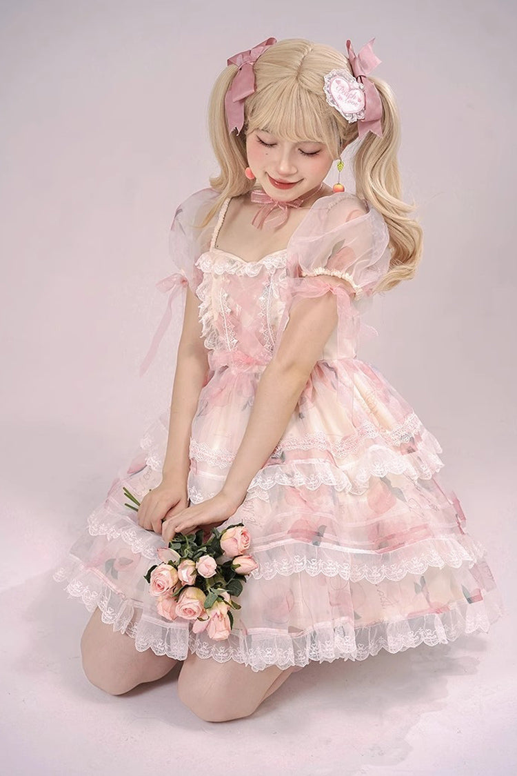 Pink Chiffon Organza Short Sleeves Multi-layer Peach Print Sweet Lolita Jsk Dress