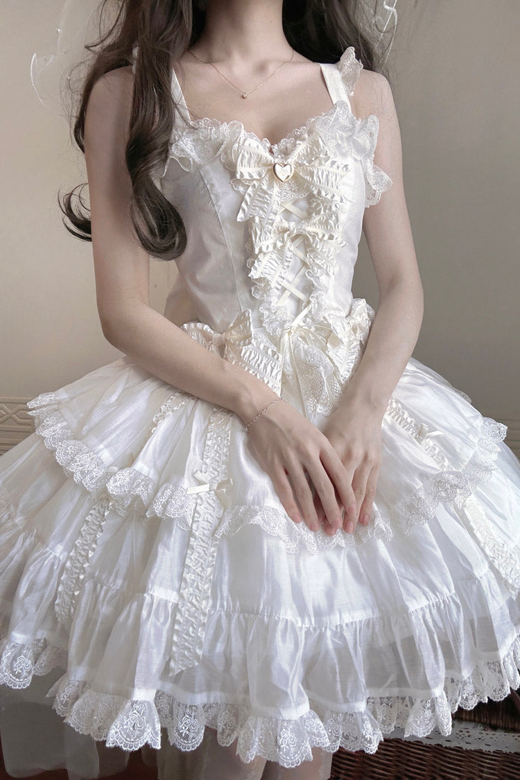 White Sweetheart Splolita Ruffle Bowknot Lace-Up Sweet Lolita Skirt Set