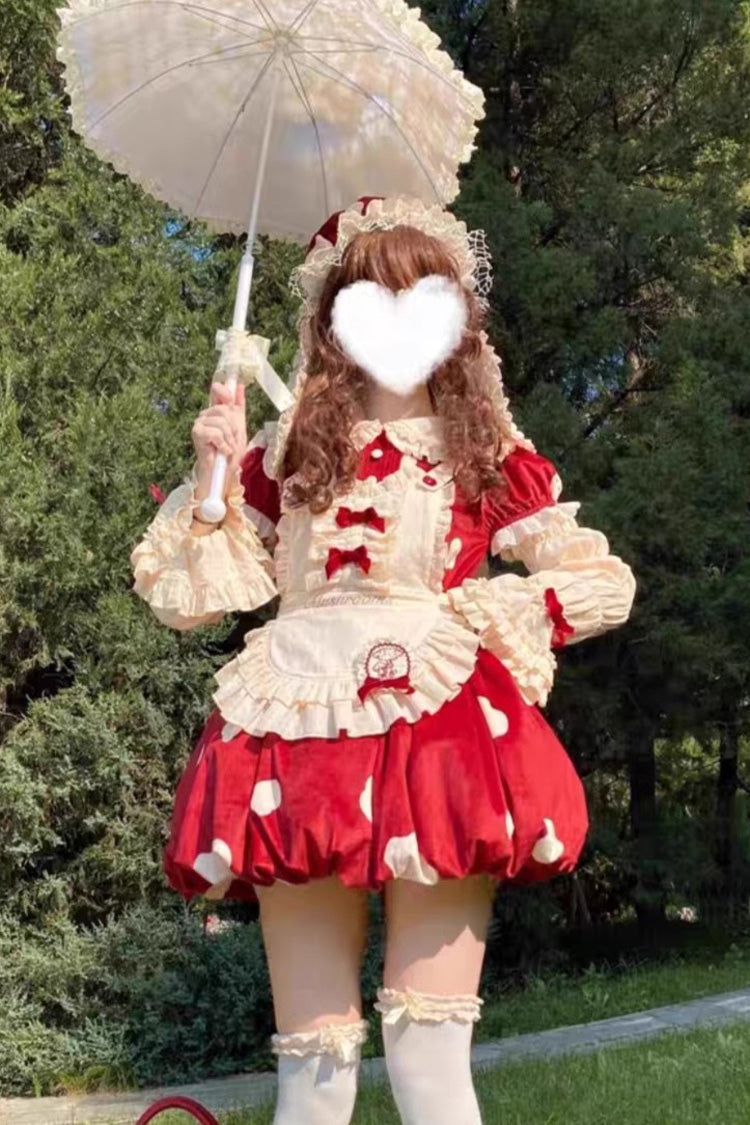 Red Mushrooms Print Short Sleeves Bowknot Sweet Lolita Jsk Dress