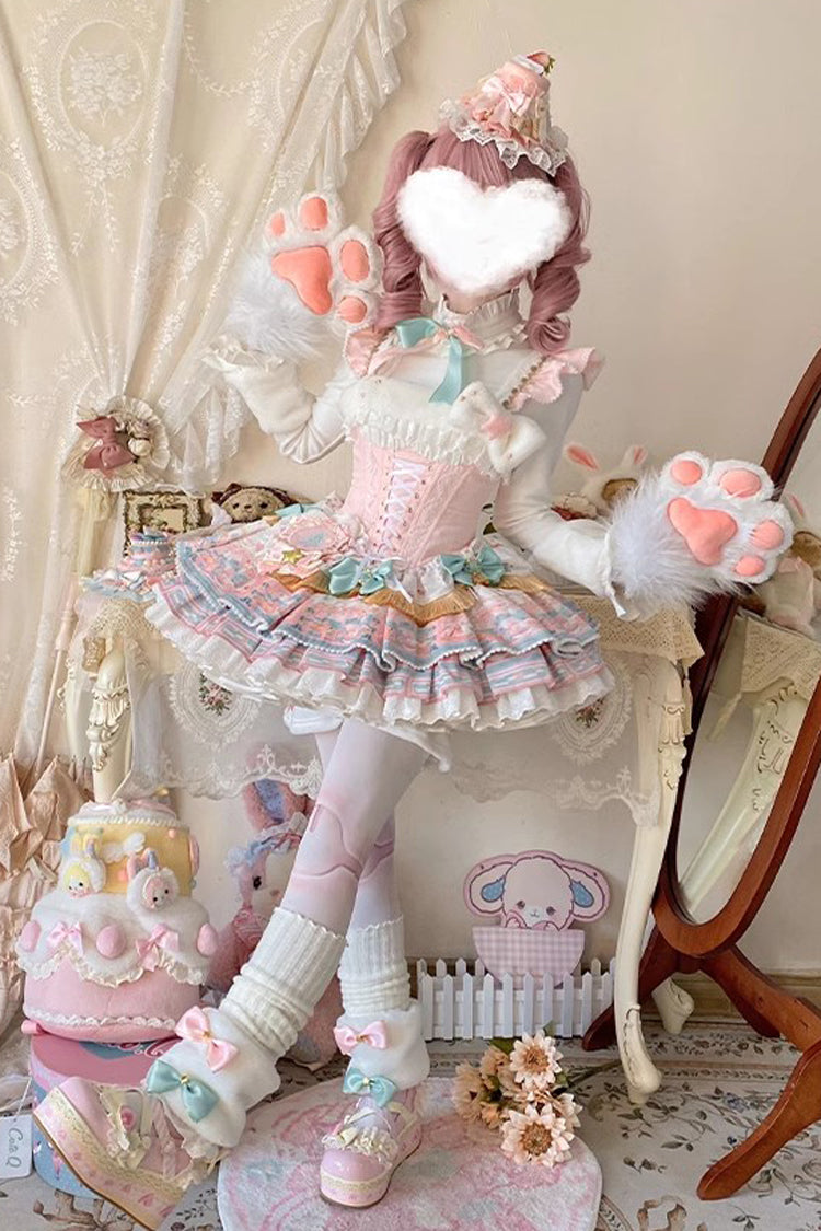 Pink Candy House Multi-Layered Print Ruffle Bowknot Lace-Up Sweet Ballet Lolita Jsk Dress