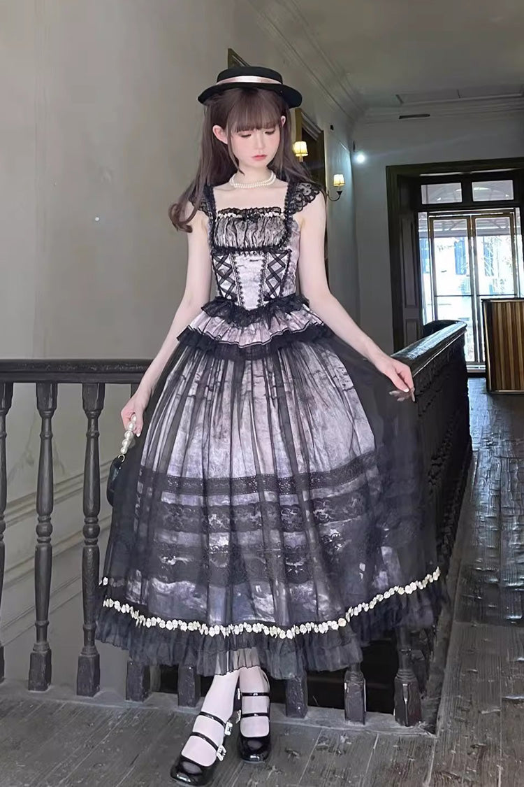 Grey/Pink Mist-shrouded Vineyard Sleeveless Ruffle Bowknot Lace-Up Sweet Lolita Jsk Skirt Dress Set