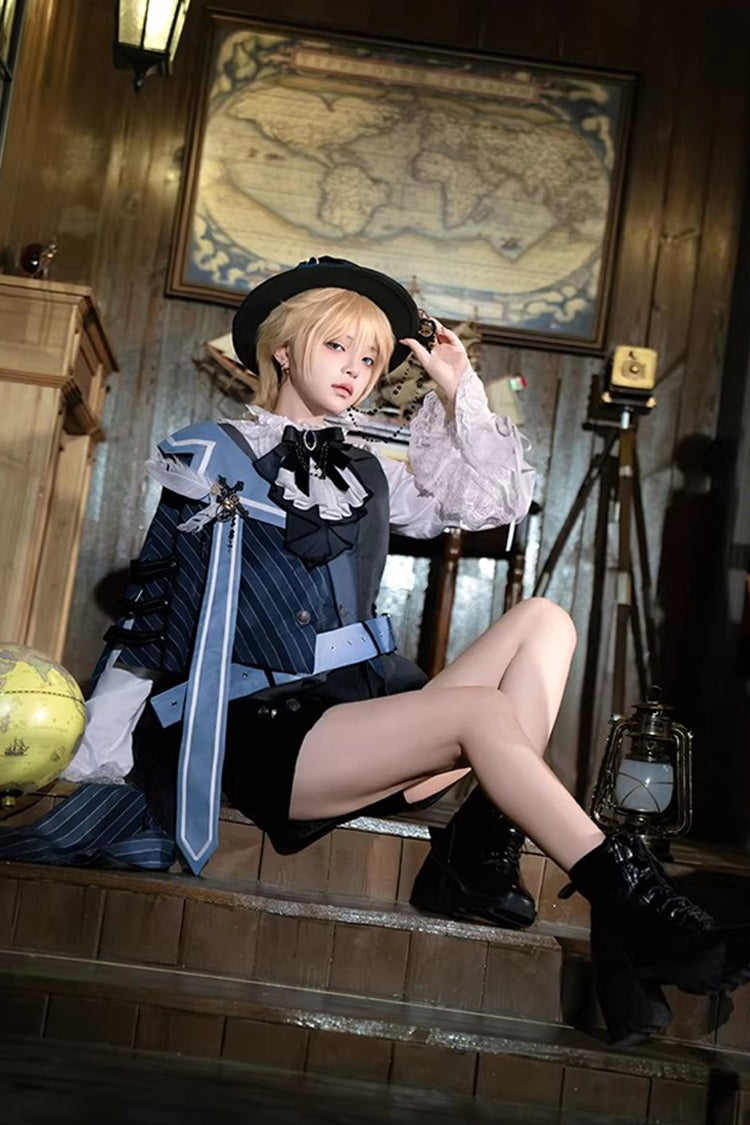 White/Grey/Blue Age of Machines Bow Asymmetric Punk Prince Ouji Lolita Shorts Vest Cloak Set