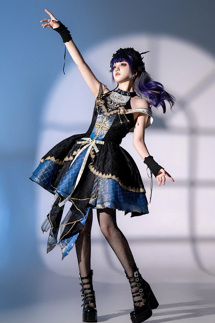 Black/Blue Universe Off Shoulder Halterneck Sleeveless Print Embroidery Cardigan Gothic Princess Lolita Dress