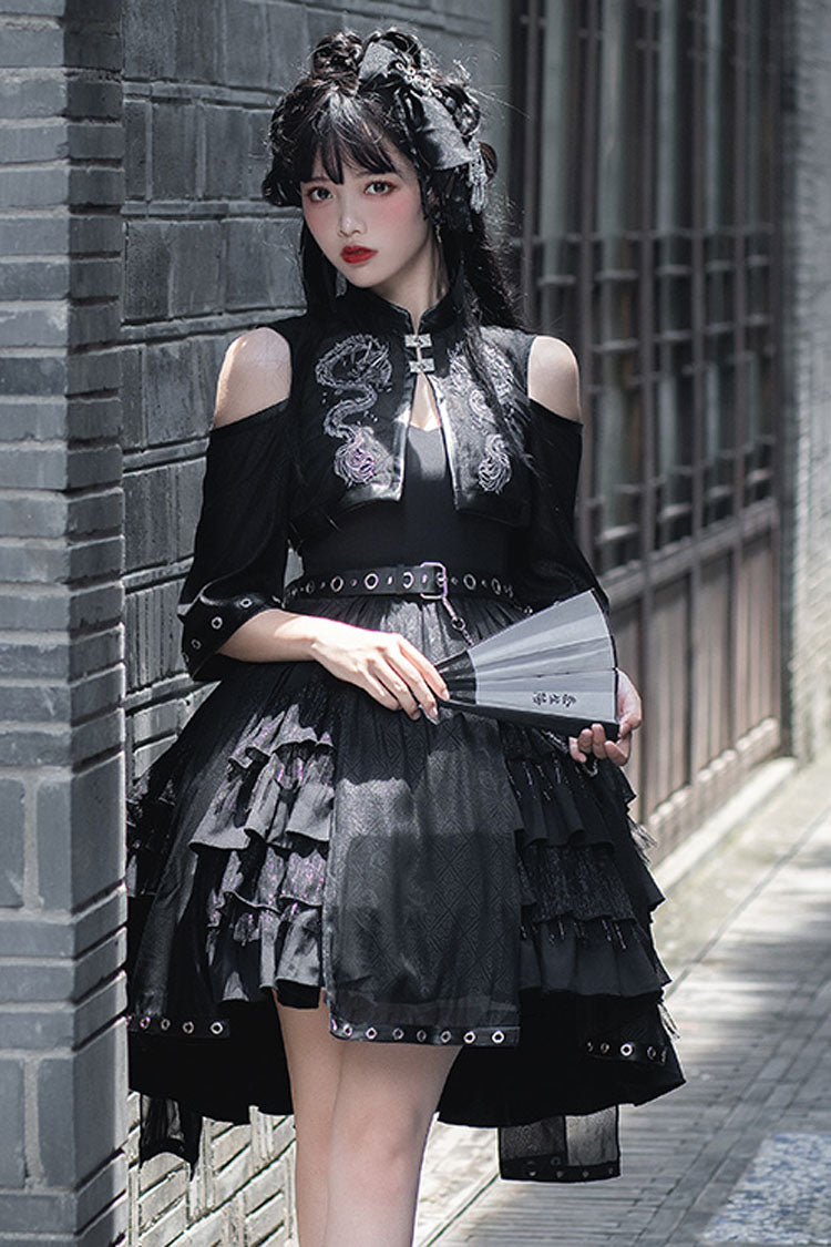 Dark Boat Neck Dragon Print Chinese Style High Waisted Multi-Layer Ruffled Gothic Lolita Jsk Dress
