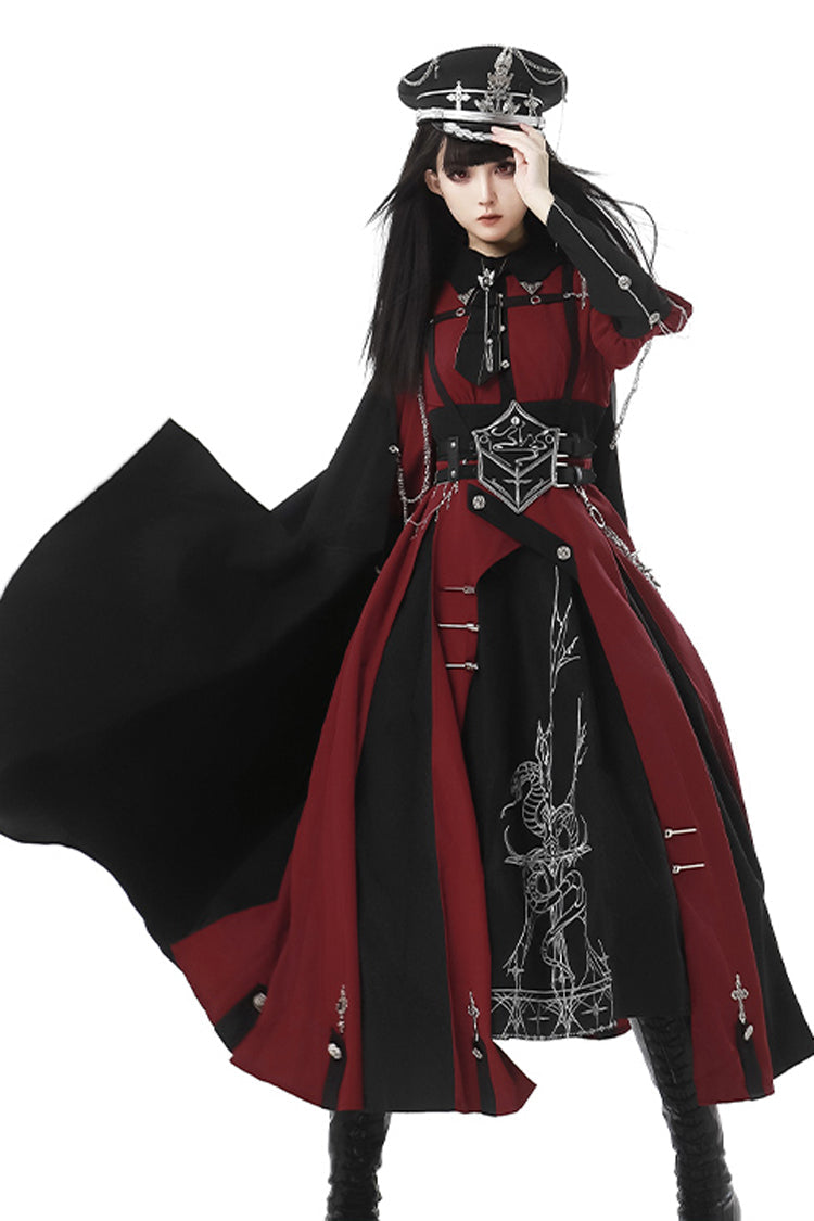 Red/Black Scarlet Night Knight Metal Chain Print Bowknot Gothic Military Elegant Lolita Dress