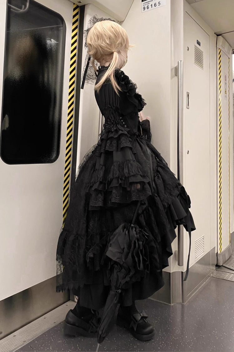 Black Eternal Taboo Long Hime Sleeves Ruffled Bow Gothic Lolita Skirt Dress Set