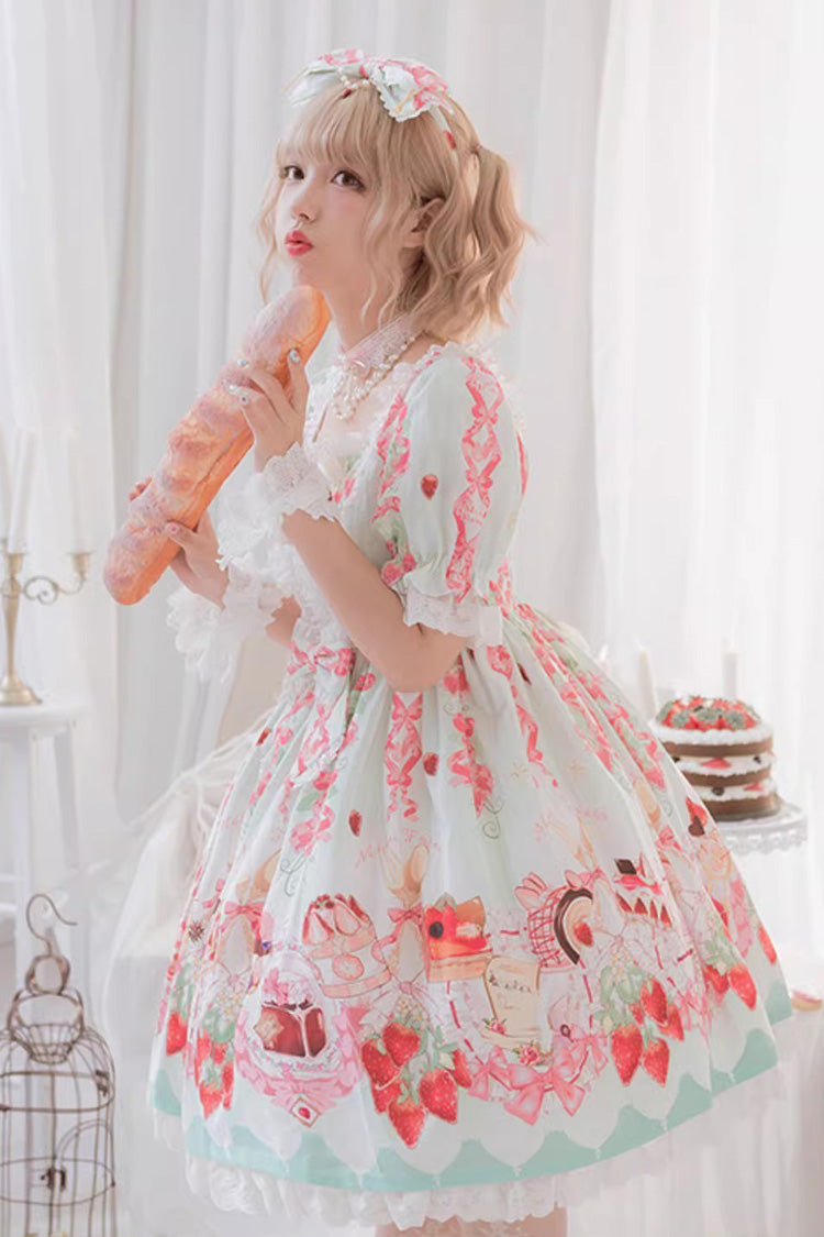 Strawberry Feast Short Sleeves Printed Ruffled Bow Sweet Lolita Dress 4 Colors