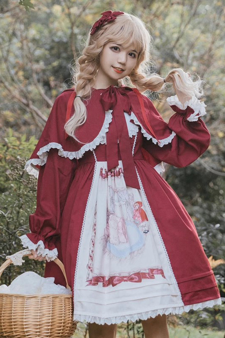 Red Little Red Riding Hood Sleeveless Print Ruffle Bowknot Sweet Princess Lolita Jsk Dress