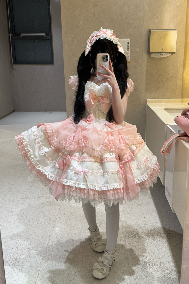 White/Pink Sleeveless Triple-Layered Ruffled Bow Lace Sweet Princess Ballet Lolita Jsk Dress
