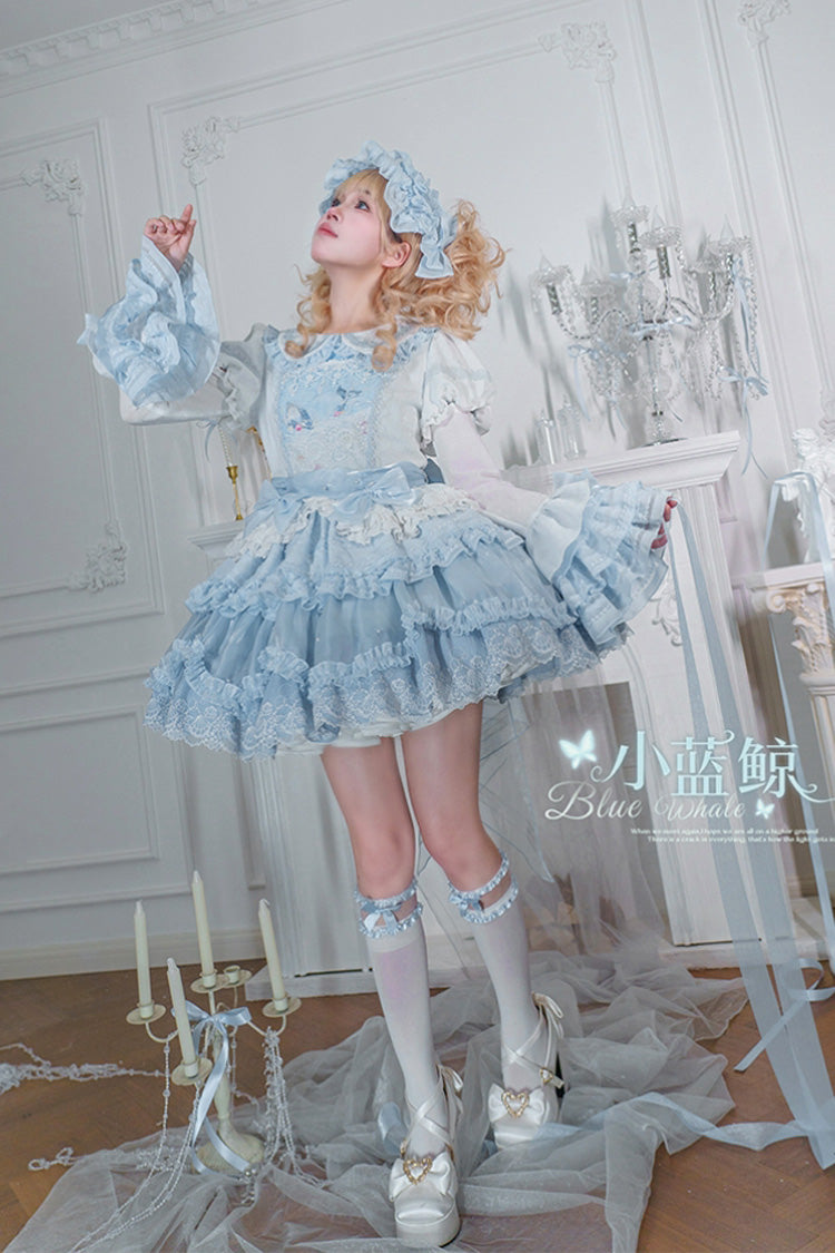 Blue Whale Lapel Collar Short Sleeves Triple-Layered Ruffle Embroidery Sweet Lolita Dress