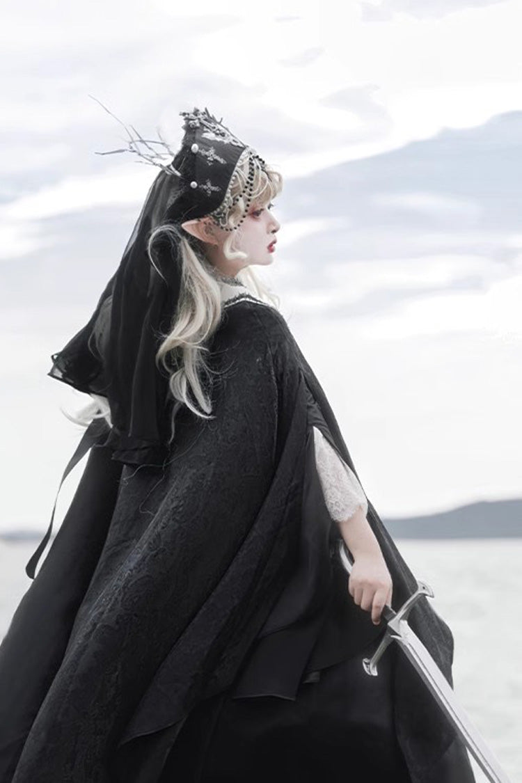 Black Cross Nun Stand Collar Off Shoulder Print Bowknot Gothic Elegant Lolita Dress