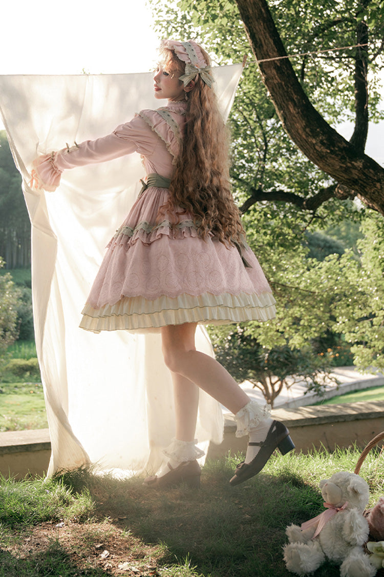Pink Solitary Orchid In Quiet Valley Long Sleeves Multi-Layered Embroidery Bowknot Sweet Lolita Dress