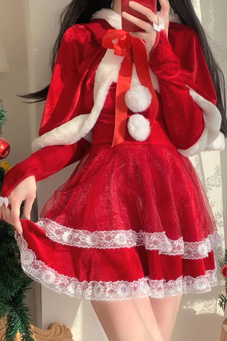 Red Christmas and New Year Double-Layered Ruffle Bowknot Lace Sweet Japanese Lolita Strapless Dress