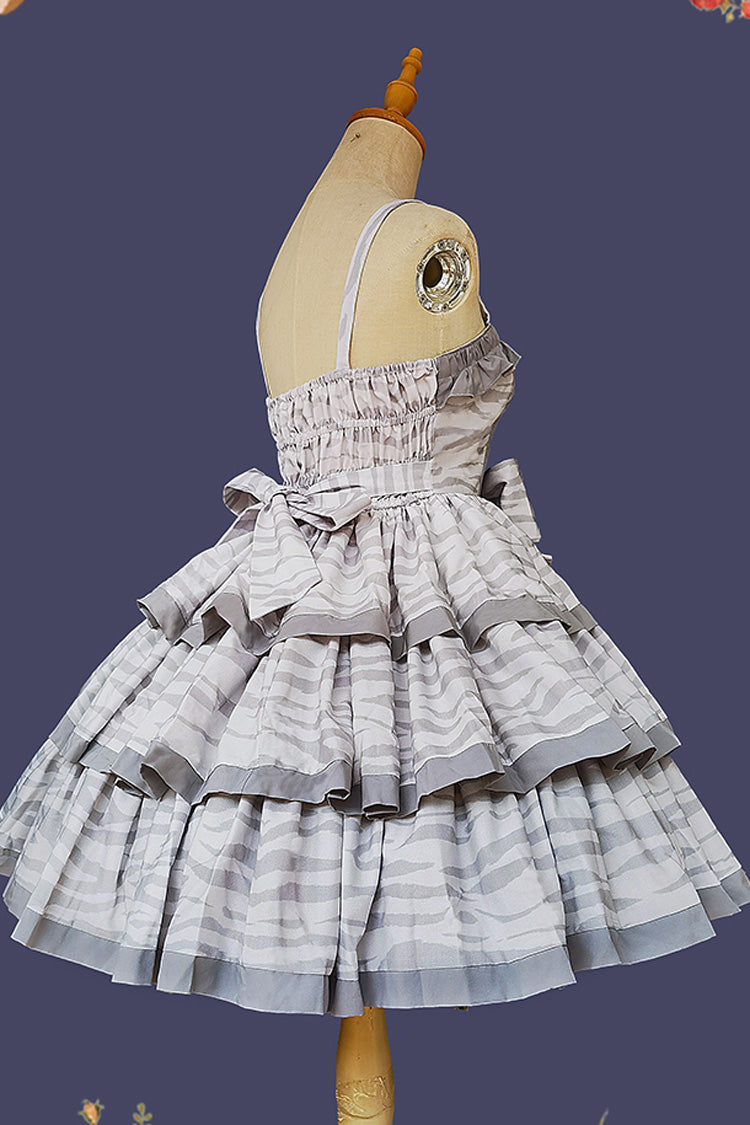 Grey Cloth Cat Triple-Layered Print Ruffle Bowknot Sweet Lolita Dress