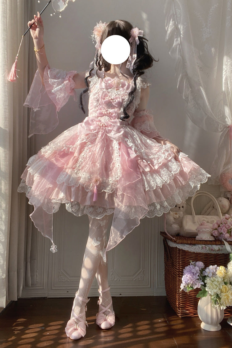 Pink Spring Waters Reflecting Pear Blossoms Ruffled Embroidered Open-Front Bow Lace Sweet Lolita Jsk Dress