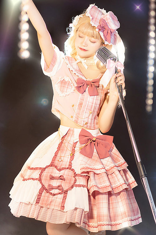 Pink Chest Bowknot One Shoulder Sleeves Plaid Print Suit Sweet Lolita Dress