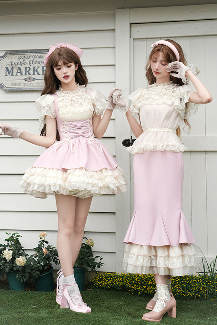 Pink Love Diary Multi-Layered Ruffle Bowknot Lace-Up Sweet Lolita Jsk Bustier Dress