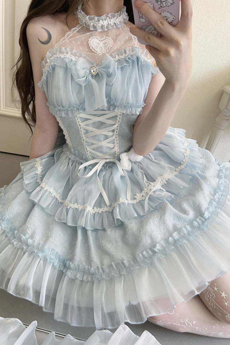 Light Blue Halterneck Triple-Layered Bowknot Lace Sweet Lolita Jsk Dress