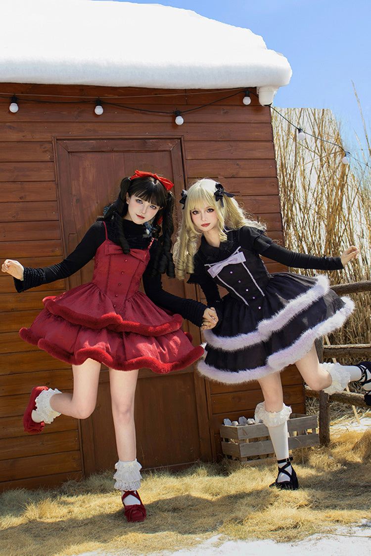 Winter's Wish Double-Layered Jacquard Bowknot Furry Sweet Lolita Jsk Dress 2 Colors