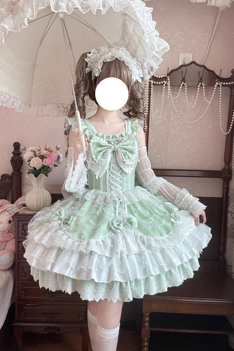 Green Sleeveless Triple-Layered Ruffle Embroidery Bowknot Lace-Up Pearl Sweet Plus Size Lolita Jsk Dress