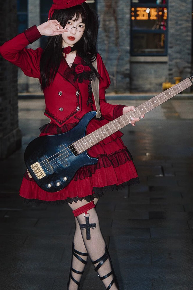 Red Gothic Punk Long Sleeves Removable Corsage Lolita Skirt Set