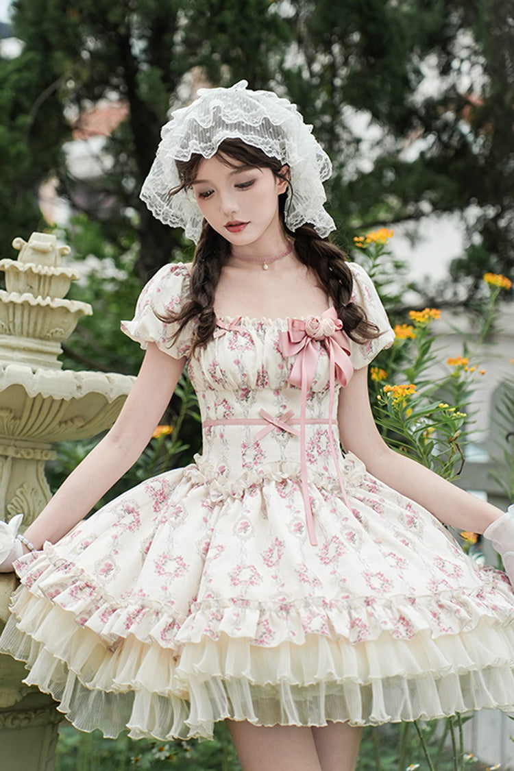 Ivory Rose After The Rain Short Sleeves Triple-Layered Print Ruffle Bowknot Lace-Up Sweet Lolita Short Dress