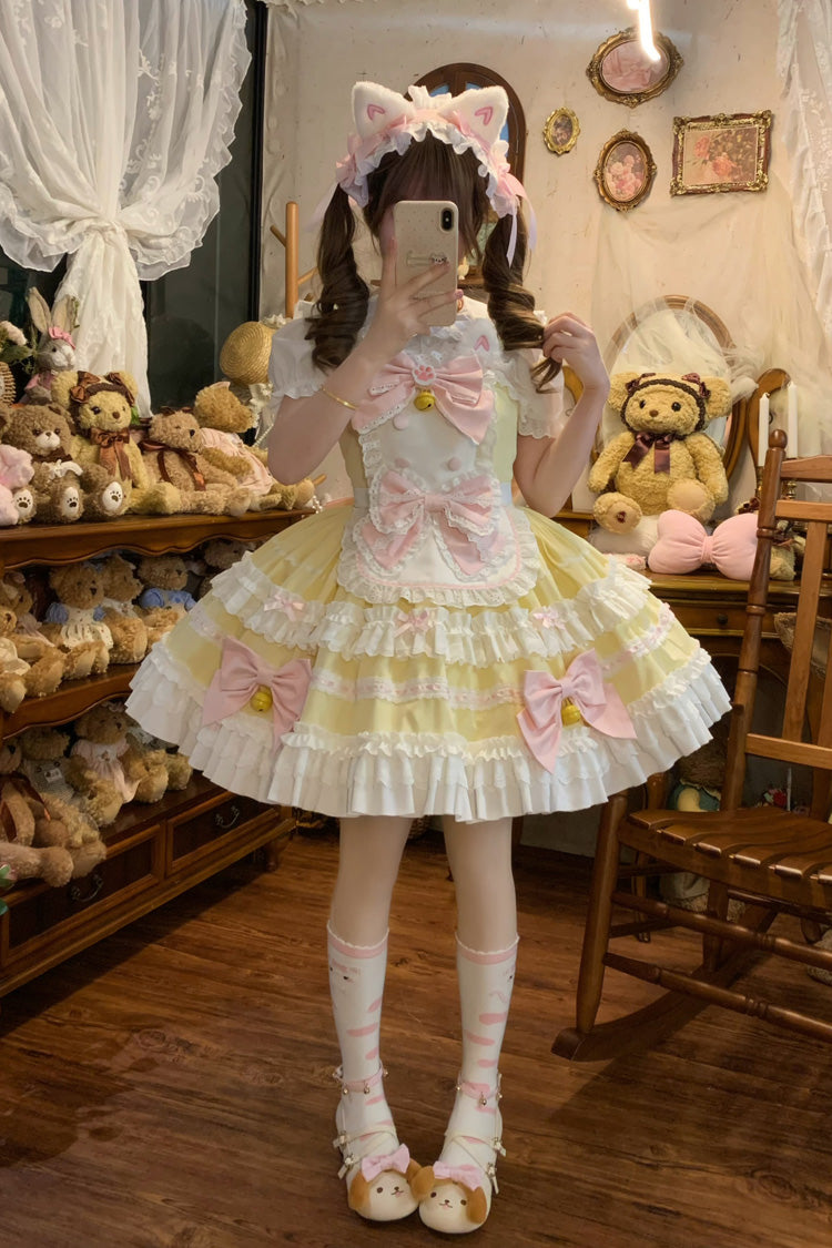 Yellow Meowling Sweet Maid Sleeveless Multi-Layered Ruffle Bowknot Lace Sweet Princess Lolita Jsk Dress